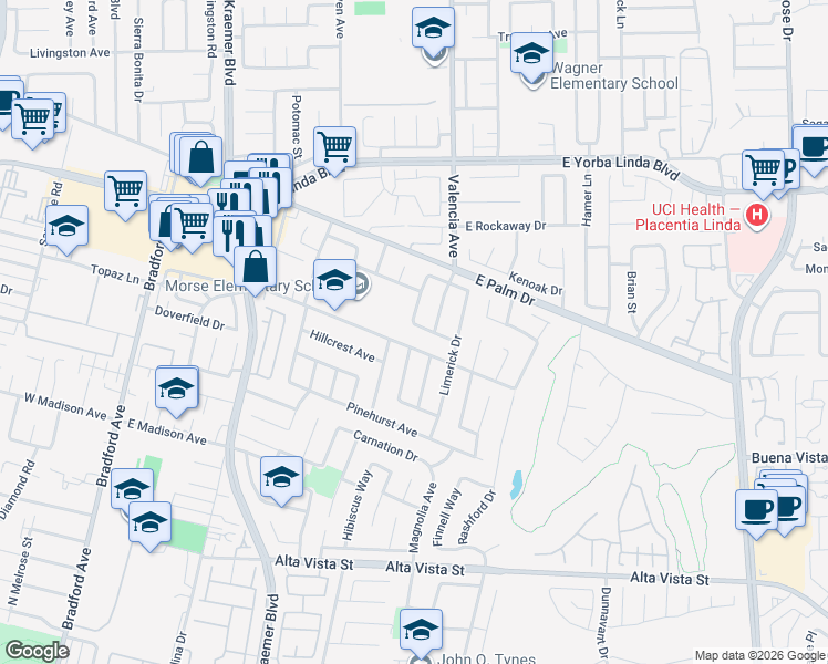 map of restaurants, bars, coffee shops, grocery stores, and more near 545 Morse Avenue in Placentia