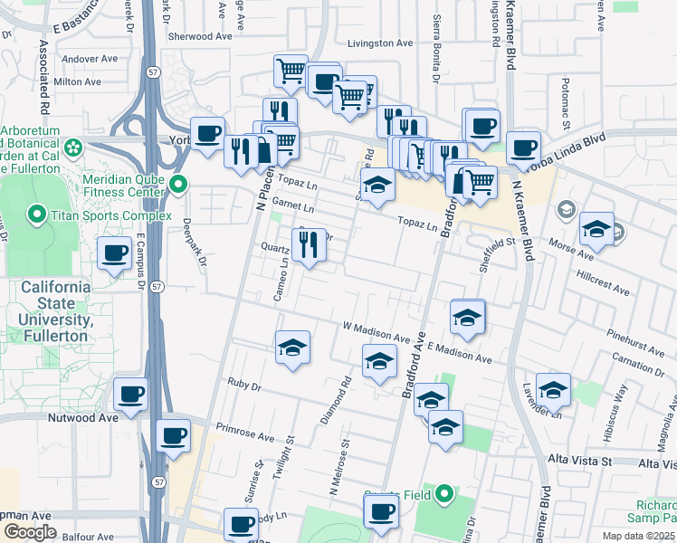 map of restaurants, bars, coffee shops, grocery stores, and more near 449 West Madison Avenue in Placentia