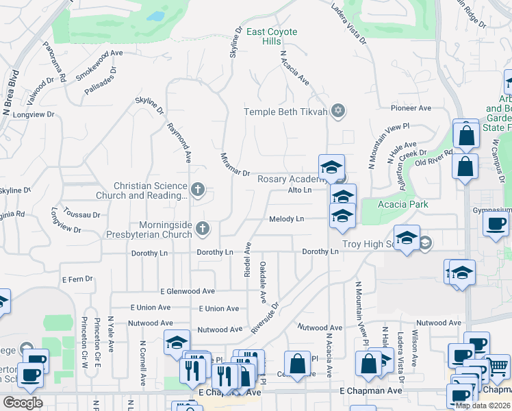 map of restaurants, bars, coffee shops, grocery stores, and more near 1412 Kensington Drive in Fullerton