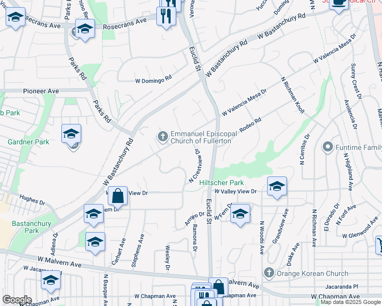 map of restaurants, bars, coffee shops, grocery stores, and more near 1075 North Crestview Drive in Fullerton