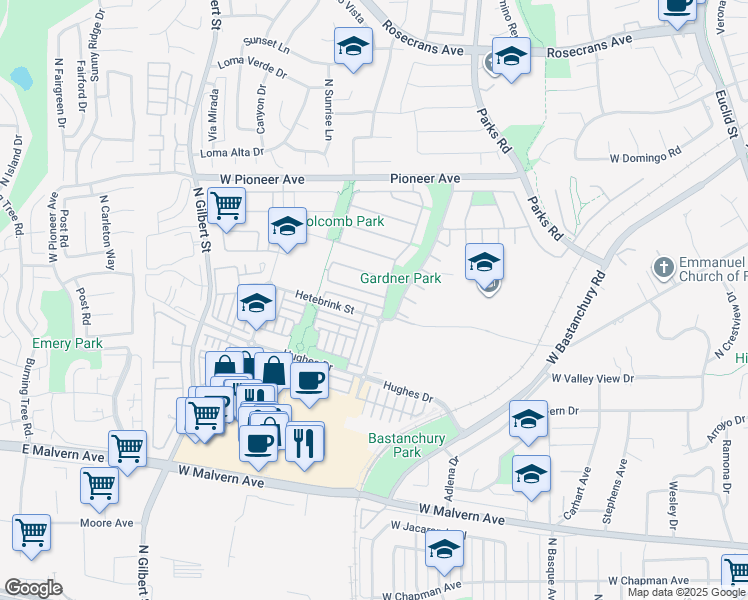 map of restaurants, bars, coffee shops, grocery stores, and more near 2011 Hetebrink Street in Fullerton