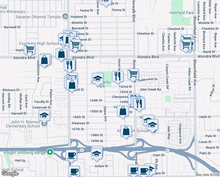 map of restaurants, bars, coffee shops, grocery stores, and more near 12005 163rd Street in Norwalk