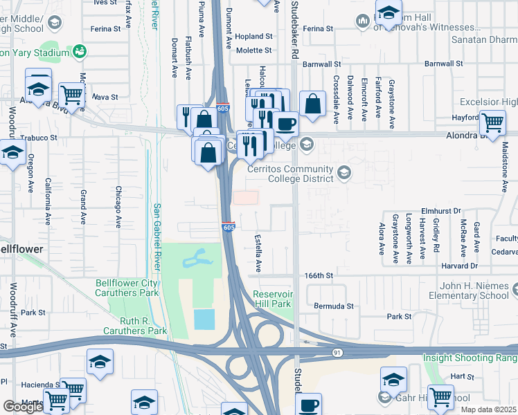 map of restaurants, bars, coffee shops, grocery stores, and more near 16219 Estella Avenue in Cerritos
