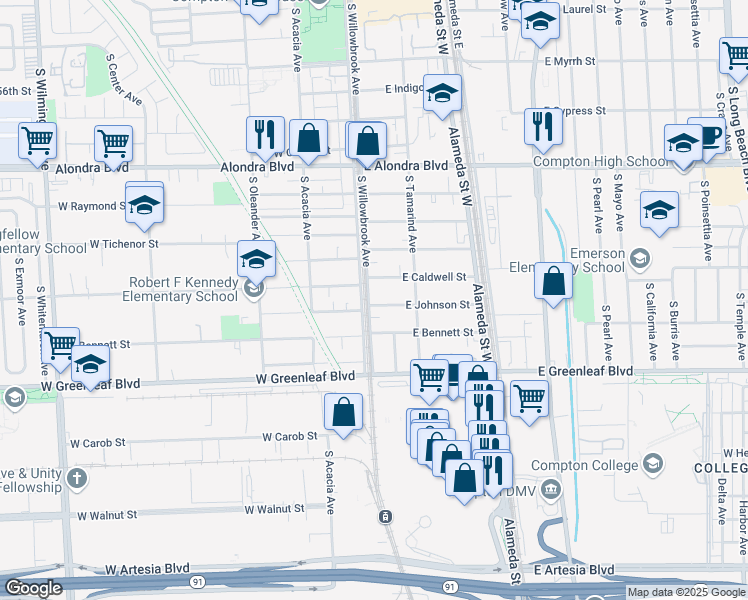 map of restaurants, bars, coffee shops, grocery stores, and more near 114 East Johnson Street in Compton