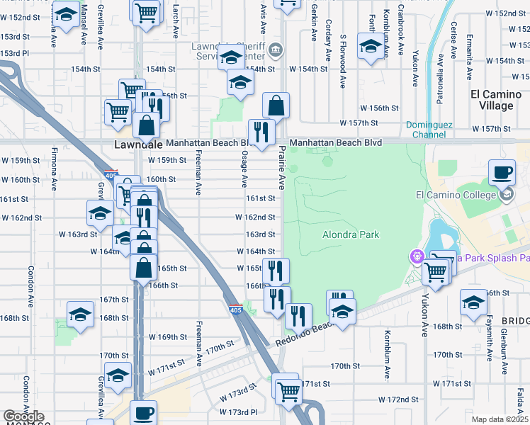 map of restaurants, bars, coffee shops, grocery stores, and more near 4046 162nd Street in Lawndale