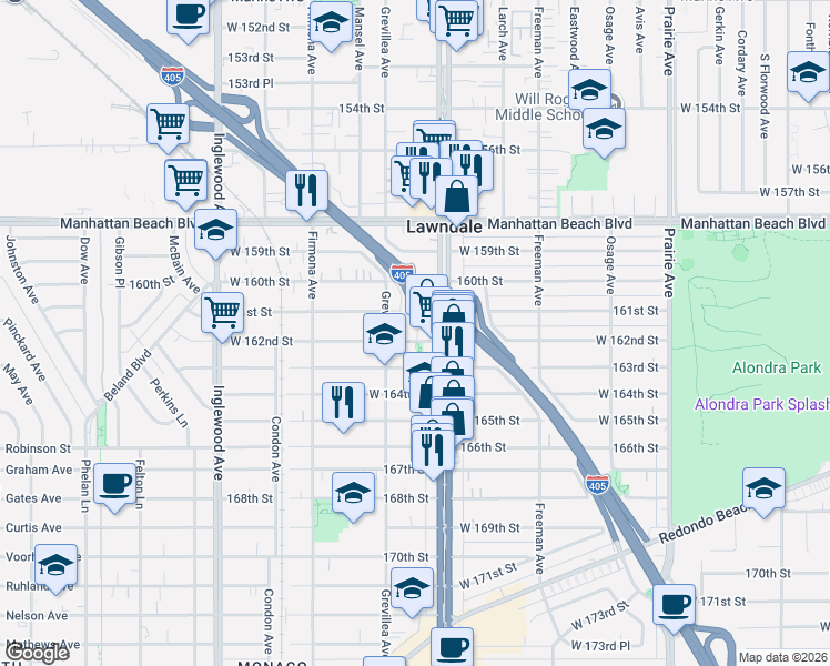 map of restaurants, bars, coffee shops, grocery stores, and more near 16201 Hawthorne Boulevard in Lawndale