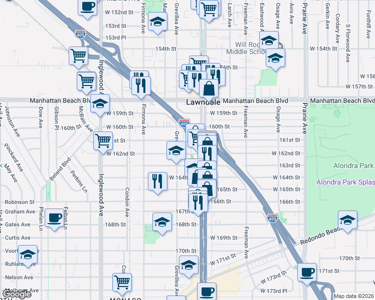 map of restaurants, bars, coffee shops, grocery stores, and more near 4448 West 162nd Street in Lawndale