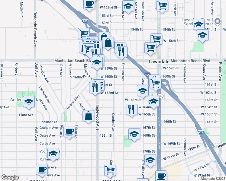 map of restaurants, bars, coffee shops, grocery stores, and more near 4702 West 162nd Street in Lawndale