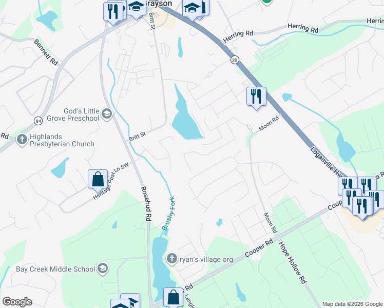 map of restaurants, bars, coffee shops, grocery stores, and more near 2690 Tyler Bay Lane in Grayson