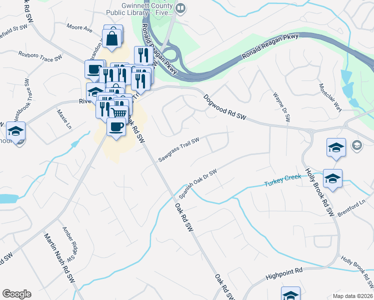 map of restaurants, bars, coffee shops, grocery stores, and more near 2924 Sawgrass Trail Southwest in Lilburn