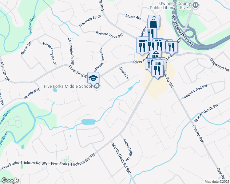map of restaurants, bars, coffee shops, grocery stores, and more near 905 Foxfire Drive Southwest in Lawrenceville