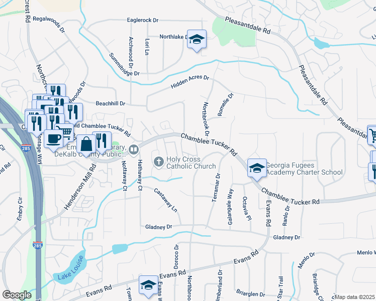 map of restaurants, bars, coffee shops, grocery stores, and more near 3833 Savannah Square East in Atlanta