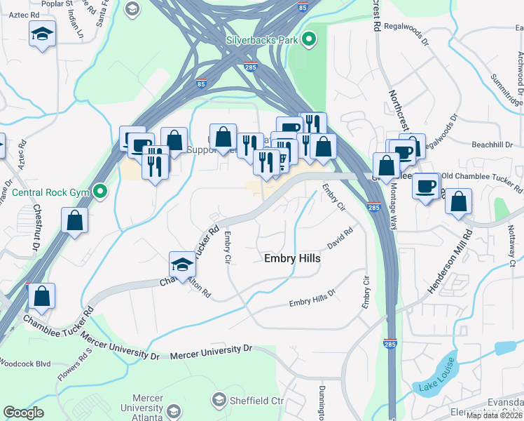 map of restaurants, bars, coffee shops, grocery stores, and more near 3290 Oakwood Village Lane in Atlanta