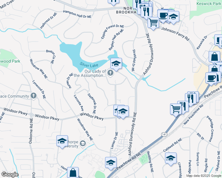 map of restaurants, bars, coffee shops, grocery stores, and more near 3224 Lanier Drive Northeast in Atlanta