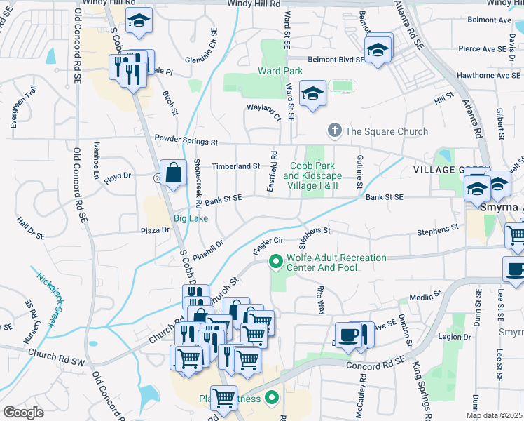 map of restaurants, bars, coffee shops, grocery stores, and more near 835 Pinehill Drive in Smyrna