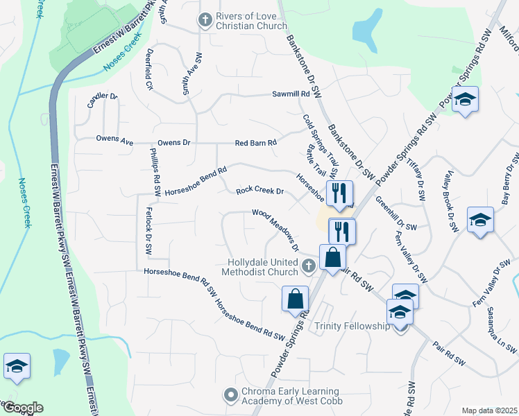 map of restaurants, bars, coffee shops, grocery stores, and more near 2436 Justin Drive Southwest in Marietta