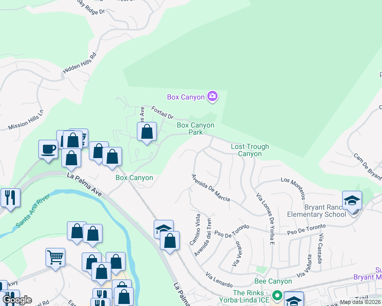 map of restaurants, bars, coffee shops, grocery stores, and more near 5210 Avenida De Kristine in Yorba Linda