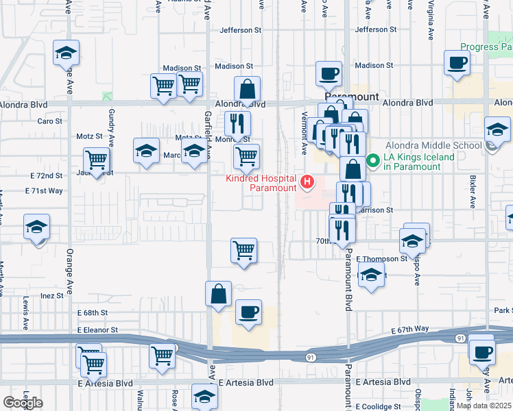 map of restaurants, bars, coffee shops, grocery stores, and more near 16459 Illinois Avenue in Paramount