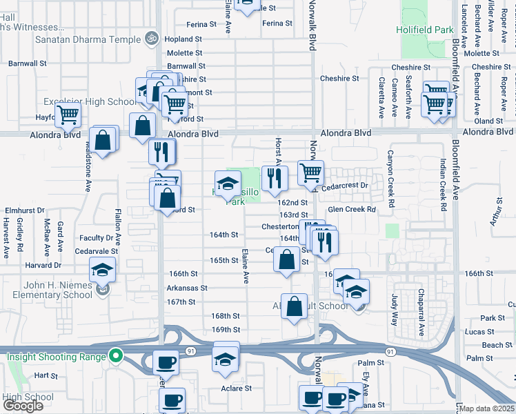 map of restaurants, bars, coffee shops, grocery stores, and more near 12005 163rd Street in Norwalk