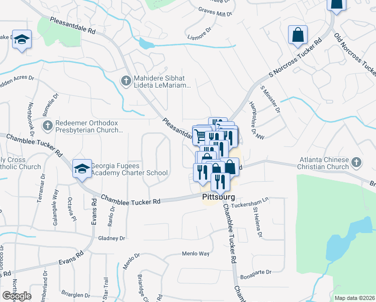 map of restaurants, bars, coffee shops, grocery stores, and more near 3212 Shadow Walk Lane in Tucker