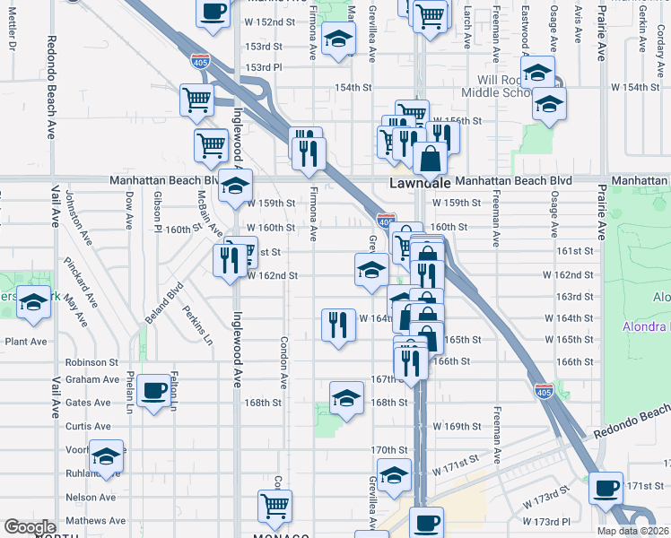 map of restaurants, bars, coffee shops, grocery stores, and more near 4553 West 162nd Street in Lawndale