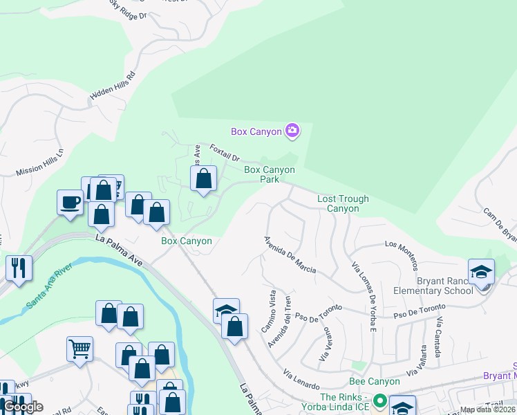 map of restaurants, bars, coffee shops, grocery stores, and more near 5220 Avenida De Kristine in Yorba Linda