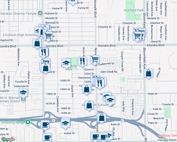 map of restaurants, bars, coffee shops, grocery stores, and more near 12120 162nd Street in Norwalk