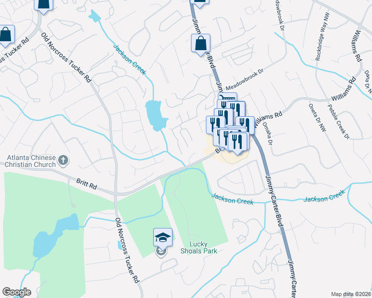 map of restaurants, bars, coffee shops, grocery stores, and more near 3242 Sunrise Village Lane in Norcross
