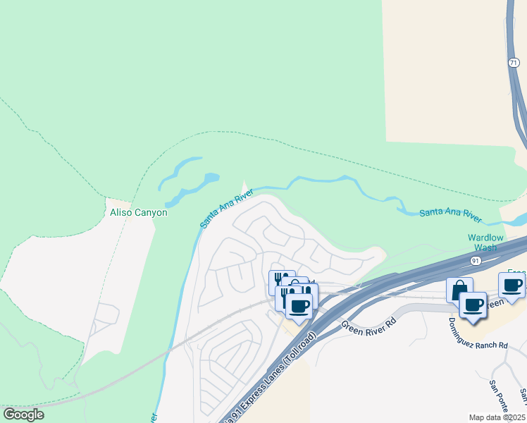 map of restaurants, bars, coffee shops, grocery stores, and more near 4848 Feather River Road in Corona