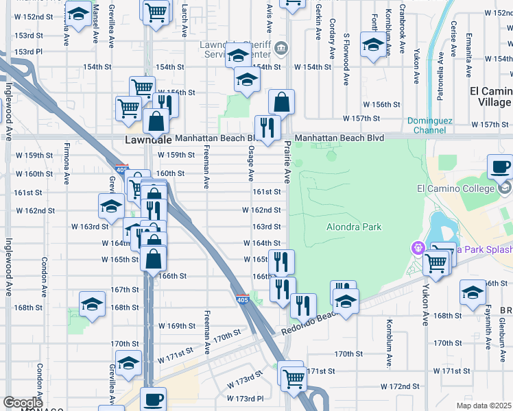 map of restaurants, bars, coffee shops, grocery stores, and more near 4046 162nd Street in Lawndale