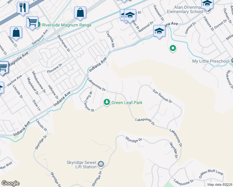 map of restaurants, bars, coffee shops, grocery stores, and more near 6876 East Sun Canyon Street in Riverside
