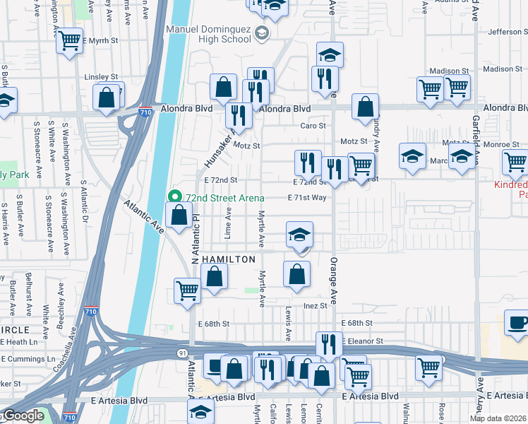 map of restaurants, bars, coffee shops, grocery stores, and more near 7091 Myrtle Avenue in Long Beach