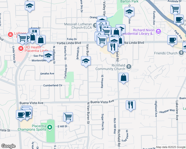 map of restaurants, bars, coffee shops, grocery stores, and more near 17342 Stafford Circle in Yorba Linda