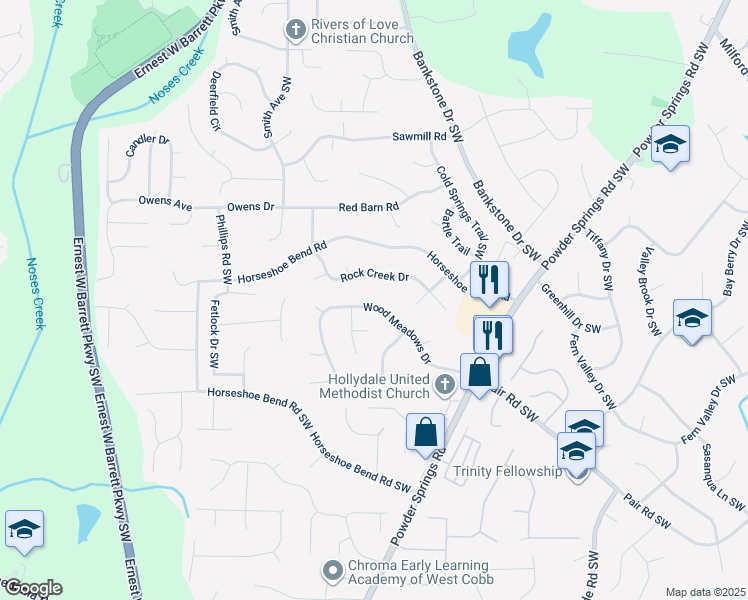 map of restaurants, bars, coffee shops, grocery stores, and more near 2436 Justin Drive Southwest in Marietta