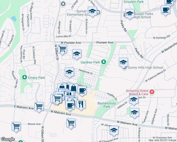 map of restaurants, bars, coffee shops, grocery stores, and more near 2067 Hetebrink Street in Fullerton