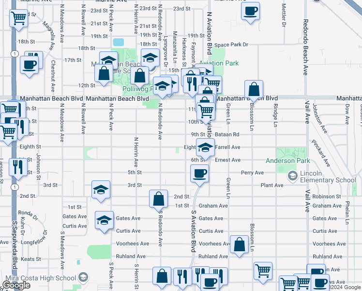 map of restaurants, bars, coffee shops, grocery stores, and more near 1751 Eighth Street in Manhattan Beach