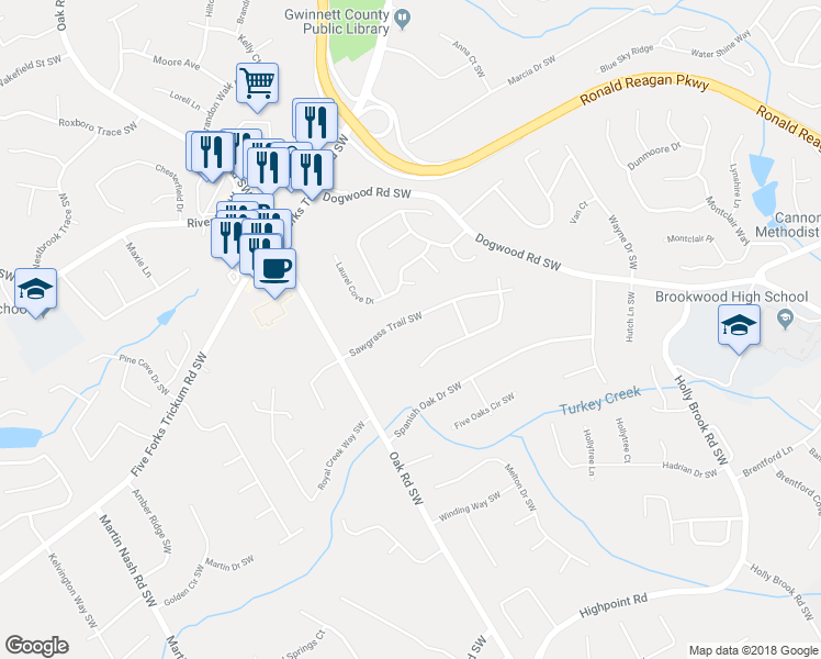 map of restaurants, bars, coffee shops, grocery stores, and more near 2924 Sawgrass Trail Southwest in Lilburn