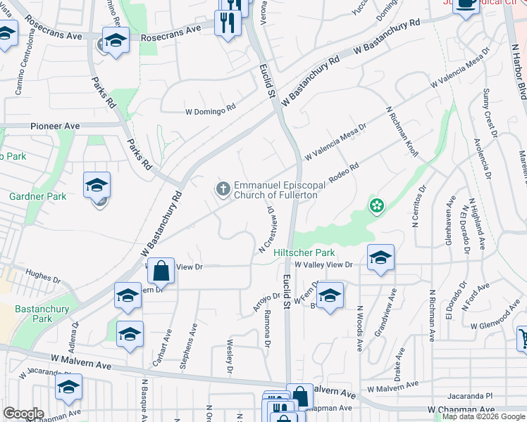 map of restaurants, bars, coffee shops, grocery stores, and more near 1119 North Crestview Drive in Fullerton