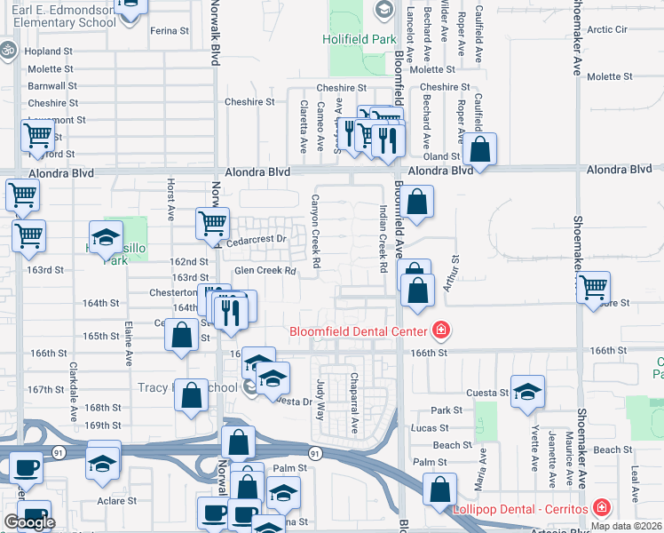 map of restaurants, bars, coffee shops, grocery stores, and more near 12435 Cherrycreek Lane in Cerritos