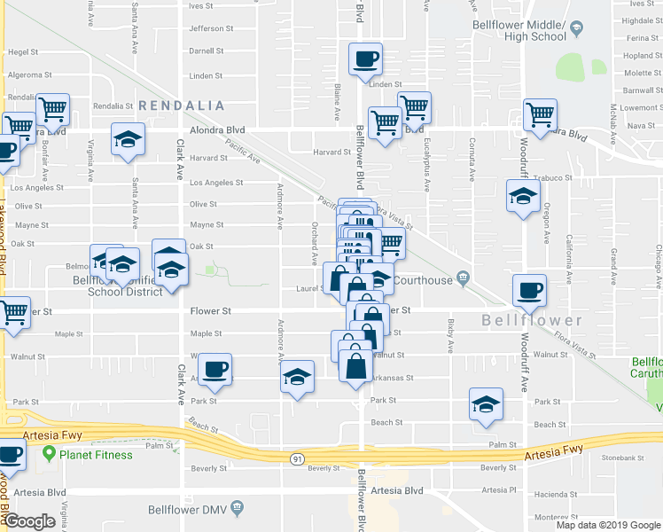 map of restaurants, bars, coffee shops, grocery stores, and more near 9723 Belmont Street in Bellflower