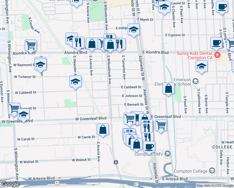map of restaurants, bars, coffee shops, grocery stores, and more near 119 East Johnson Street in Compton