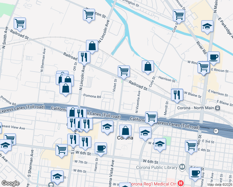 map of restaurants, bars, coffee shops, grocery stores, and more near 201 Violet Street in Corona