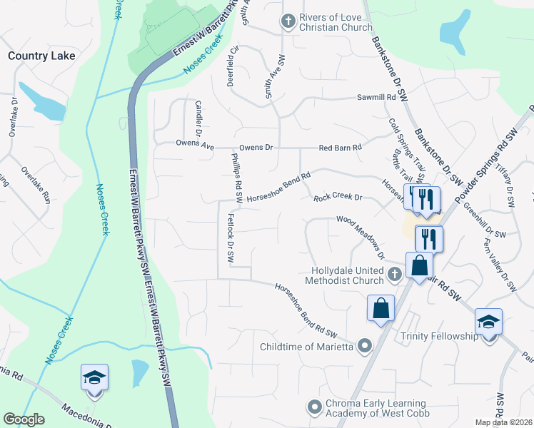 map of restaurants, bars, coffee shops, grocery stores, and more near 2989 Fetlock Drive Southwest in Marietta