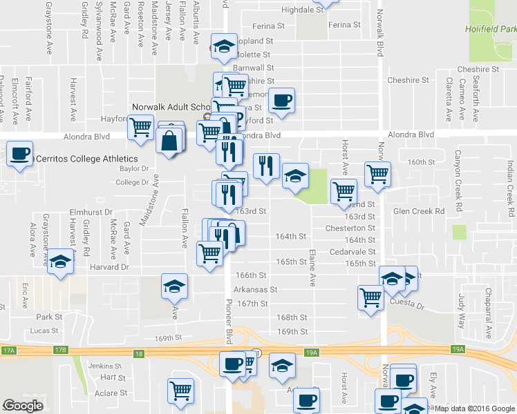 map of restaurants, bars, coffee shops, grocery stores, and more near 11855 163rd Street in Norwalk