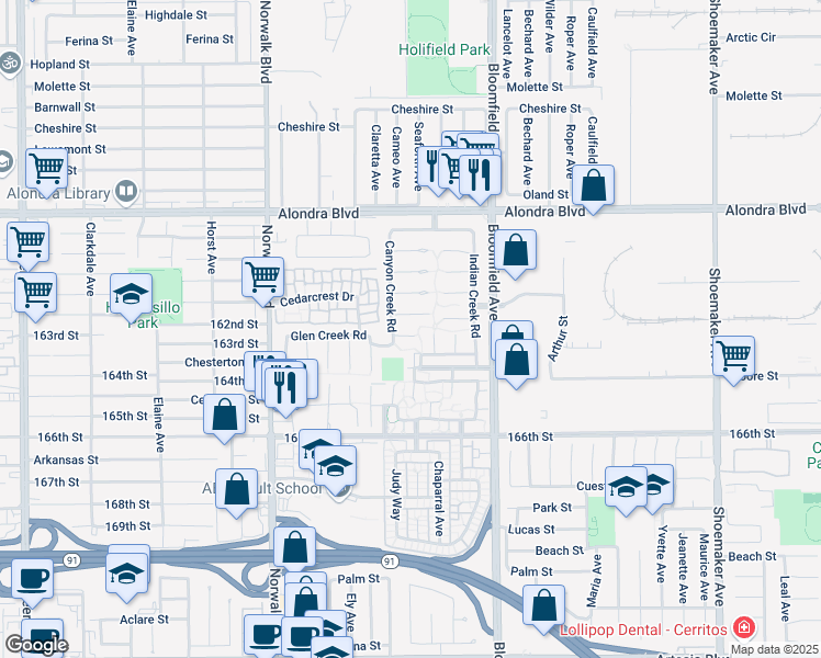 map of restaurants, bars, coffee shops, grocery stores, and more near 12435 Cherrycreek Lane in Cerritos