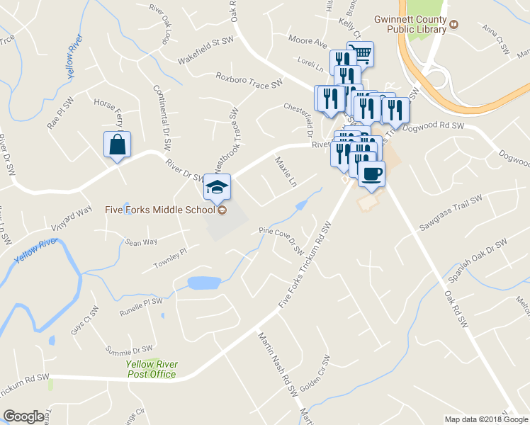 map of restaurants, bars, coffee shops, grocery stores, and more near 905 Foxfire Drive Southwest in Lawrenceville