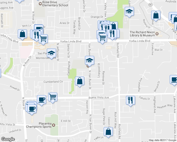 map of restaurants, bars, coffee shops, grocery stores, and more near 1219 North Van Buren Street in Placentia
