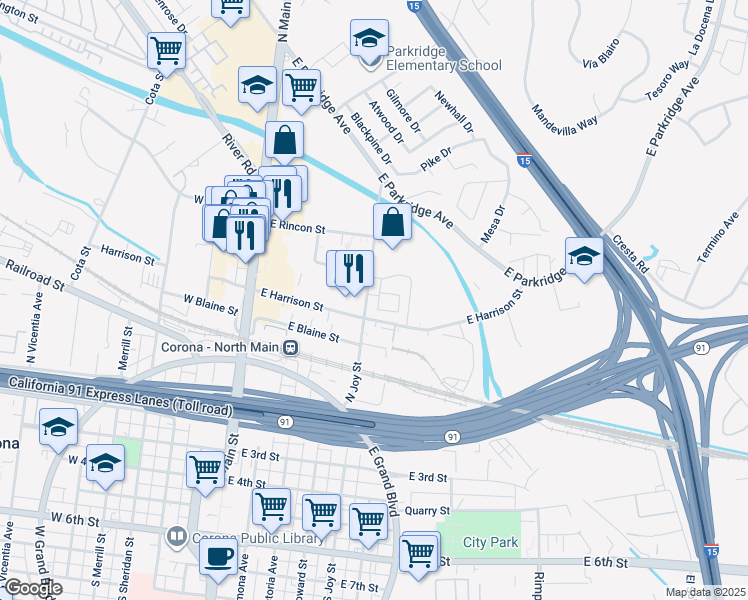 map of restaurants, bars, coffee shops, grocery stores, and more near 555 Queensland Circle in Corona