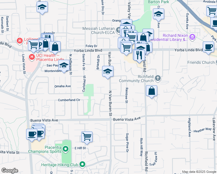 map of restaurants, bars, coffee shops, grocery stores, and more near 1219 North Van Buren Street in Placentia