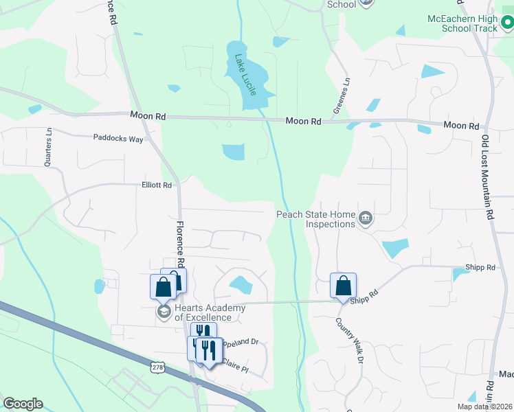 map of restaurants, bars, coffee shops, grocery stores, and more near 5111 Ray Court in Powder Springs